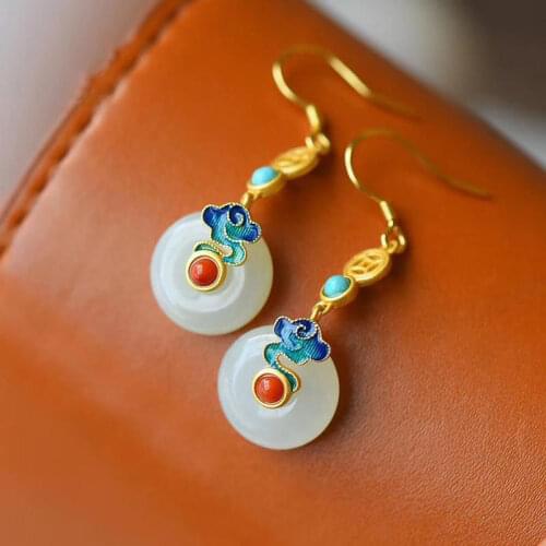Elegant Vintage Sterling Silver Cloisonne Earrings Hetian Jade Peace Buckle Necklace Ethnic Style to Give Mom Womens Suit