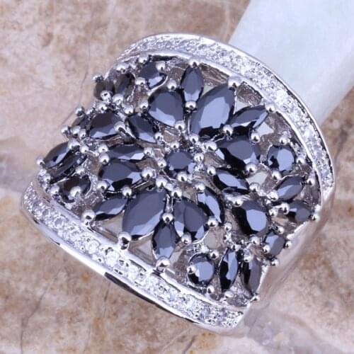 Black Cubic Zirconia White CZ Silver Plated Ring Size 5 / 6 / 7 / 8 / 9 / 10 / 11 / 12 S0179