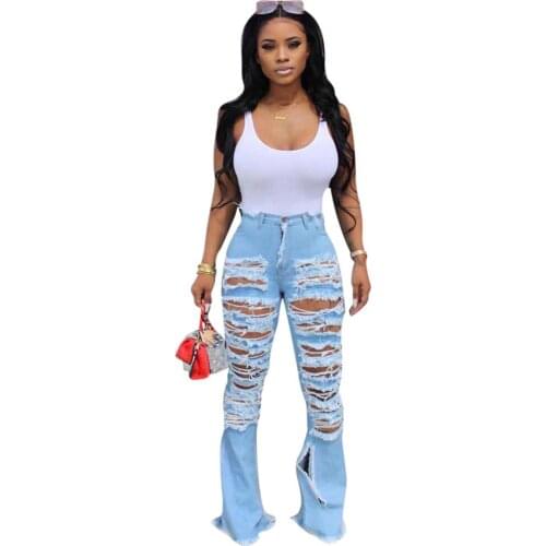 Summer Sexy Hollow Out Denim Pants Women Ripped Hole Tassel Bell Bottom Jeans Hot Women Mid Waist Jeans Streetwear