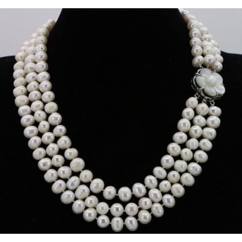 Fashion Charming 3 Row 7-8MM White Freshwater Pearl Necklace Chain Floral Buttons Jewelery Women Girl Banquet 17-19Inch