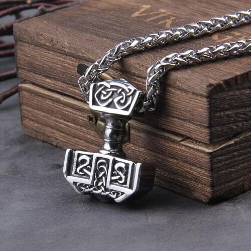 Stainless Steel Thors Hammer Necklace Viking Necklace with Celtic-knot For Men Jewelry Talisman with wooden box as gift