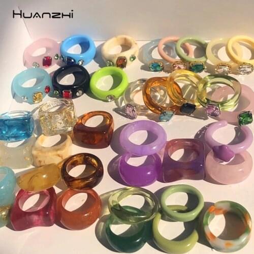 New Transparent Resin Acrylic Rhinestone Colourful Geometric Square Round Rings Set for Women Jewelry Party Gifts HUANZHI 2021