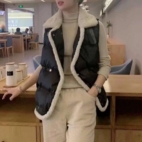 New Fashionable Lamb Wool Stitching Down Cotton Vest Womens Autumn and Winter New Style Korean Thick Warm Warm Vest Jacket