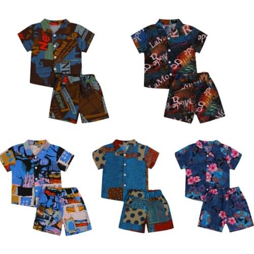 0-5Y Boys Clothes Set Toddler Boys Summer Casual print Short Sleeve Button Shirt Top+Shorts 2PCS Outfit Kids Clothing Set