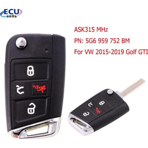 4 Button 315MHz Flip Remote Key for Volkswagen Golf GTI 2015-2019 P/N: 5G6 959 752 BM HU162 blade With Recess