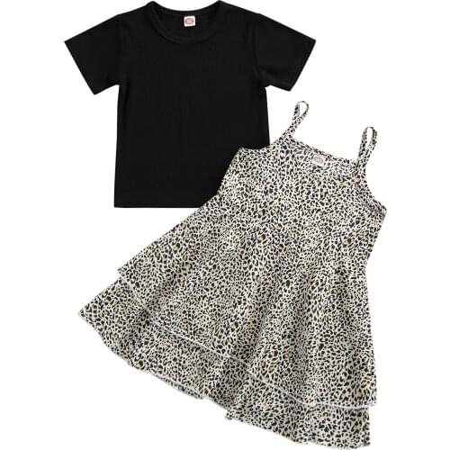 4-8Years Baby Short Sleeve + Camisole Dress, Leopard Print Ruffle Decoration High Waist Summer Clothing