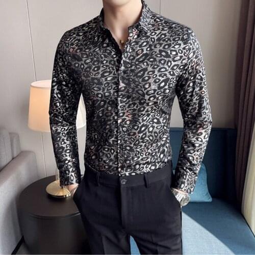 Luxury Harjuku Leopard Print Shirt Male Punk Gothic Dress Shirts Men Vintage Designer Shirt Long Sleeve Slim fit Social shirt
