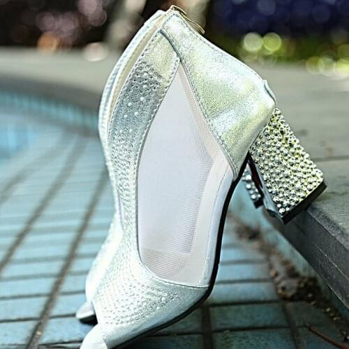 Peep Toe Gladiator Sandals Women Bling High Heels Diamond Summer Square Heel Feminina Shoes Wedding Shoes Mesh Sandalia Mujer