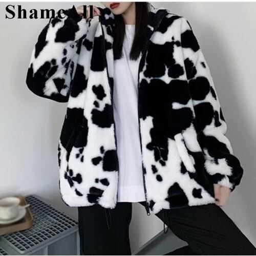 Streetwear Cows Printing Harajuku Loose Plush Teddy Jacket Winter Vintage Shaggy Faux Fur Thicken Warm Oversize Coat Women Party