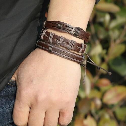 Vintage Men Bracelets Multilayer Leather Braid Bracelets Bangles Set Handmade Rope Wrap Bracelets Male Gift Jewlery