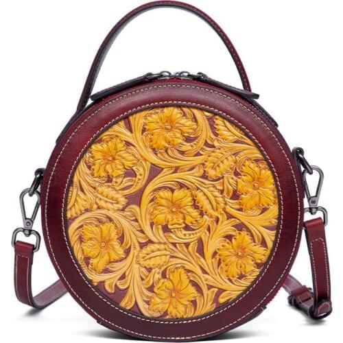 Women Genuine Leather Messenger Cross Body Bag Tote Handbag Circular Real Cowhide Embossed Retro Female Shoulder Top Handle Bags