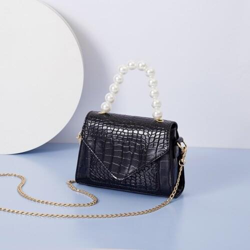 Women Vintage PU Leather Alligator Pattern Shoulder Crossbody Bag Designer Chain Pearl Top-handle Flap Handbag
