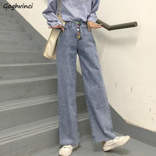 Jeans Women High Waist Vintage Straight Button Streetwear Simple Womens Wide Leg All-match Loose Leisure Full-length Ulzzang Ins