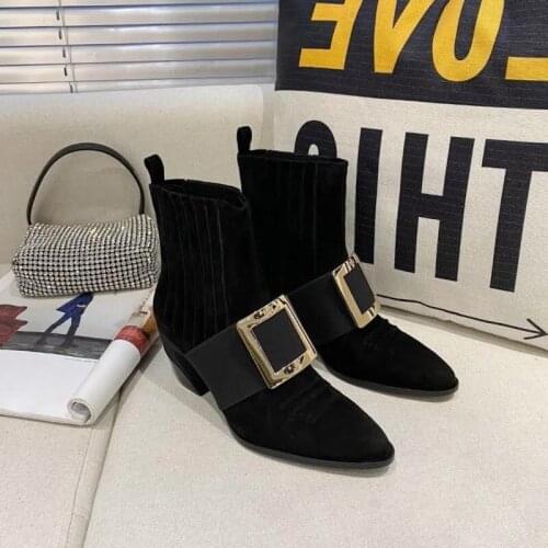2021 Women Leather Diamond Buckle Boots Fashion Autumn Winter Black Pointed Toe Strange Heels Slip-on Solid Retro Chelsea Boots