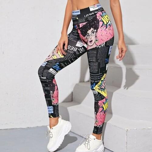New Women Leggings For Fitness High Waist Newspaper text comics Printed Long Pants Women Hip Push UP Tights Women Gym Clothing
