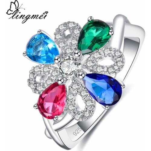 Lingmei Gorgeous Wedding Flower Jewelry for Women Multi Zircon Silver Color Ring Size 6 7 8 9 Bohemia Engagement Ring Gifts