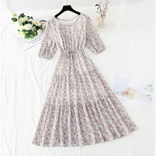 2021 Vintage Floral Dress Summer High waist O neck Short sleeve Chiffon Women Dress Elegant Slim Long Dresses vestidos