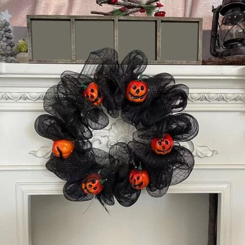 Halloween Themed Decoration Wreath With Pendant Pumpkin Easy Install New Gauze Wreath Black Net Wreath Door Home Use 1 Pcs