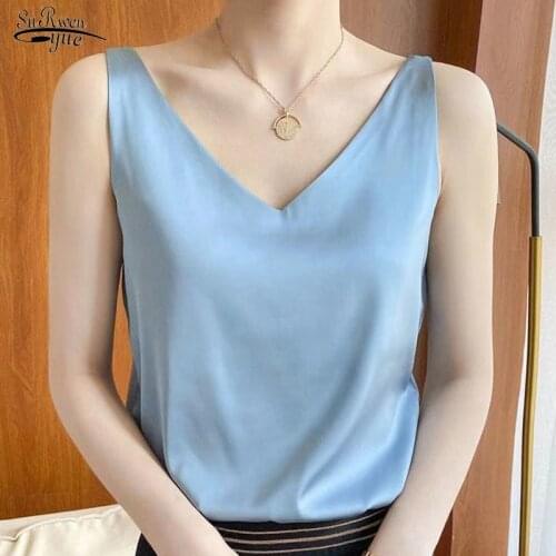 2021 Loose Silk Blouse Fashion Women Elegant Sexy Sleeveless Oversize Tops V-neck Solid Satin Sling for Women Shirts Blusa 15501