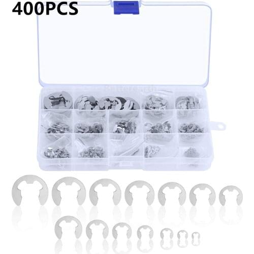 400PCS 304 Stainless Steel Stainless Steel E Clip washer Assortment Kit Circlip retaining ring for shaft fastener 1.5mm-15mm