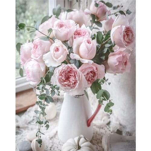 5D Diamond Painting Flower Diamond Embroidery Pink Flower Cross Stitch Mosaic Diamond Art Family Simple Decorative Painting