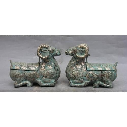 8" China Dynasty Bronze Copper Silver-Gilt Two Sheep Goat Statue Pot Box Jar Jug