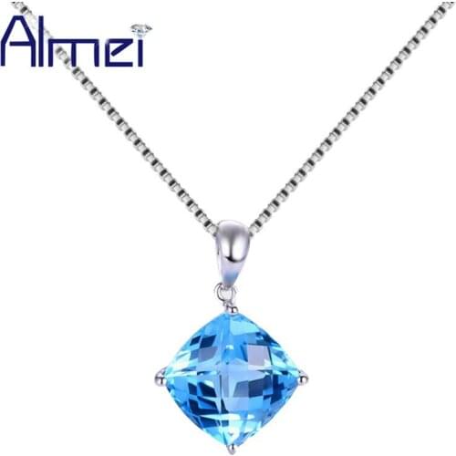Almei 40% Wonder Geometric Square Necklace Women 925 Silver Necklaces Pendant Blue Zirconia Womens Jewelry Chain With Box LN042