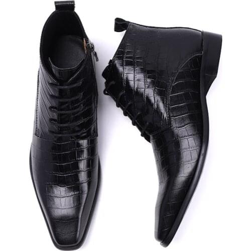 FASHION ANKLE BOOTS MEN CASUAL DRESS SHOES BLACK BLUE CROCODILE PRINTS GENUINE LEATHER LACE UP WEDDING OFFICE BOOTS MEN FOOTWEAR
