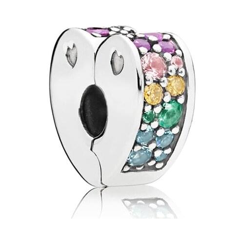 Fit Original Pandora Color Crystal Heart Clip Charms Bracelet Women CZ Spacer Clips Stopper Beads for Jewelry Making DIY Bangles