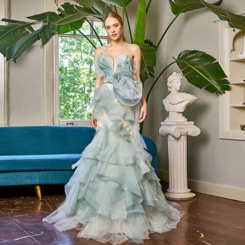 Gradient Light Green Elegant Exquisite Women Dress Layered Tulle Ruffles Floor Length Sweetheart Backless Evening Dress