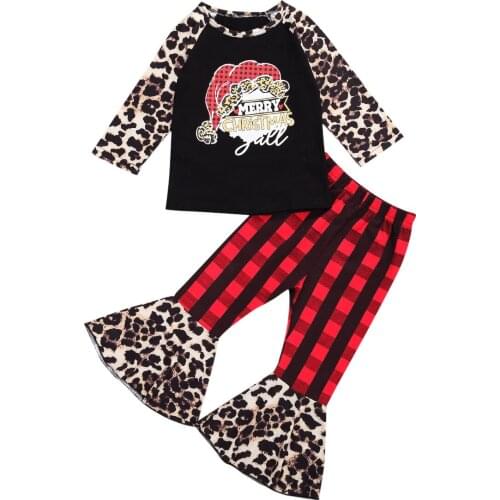 Two Piece Children Toddler Kid Girls Christmas Outfits Long Sleeve O Neck Top Leopard Print Pants Girls Baby Clothing Set 12M-5Y