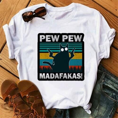 Summer Womens Black Cat Pew Pew Madafakas T-Shirt Funny Cat Gangster With Gun Meme Retro Women T-Shirt Humor Gift Tops tee