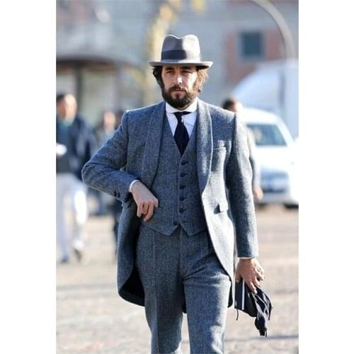 Latest Men Designer Tweed Tailcoat Suits Shawl Lapel 3 Pieces Blazer Retro Tuxedo Tailored Made Slim Fit Wedding Party
