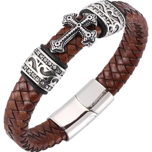 Fashion Cross Brown Leather Braided Bracelet Men Women Jewelry Stainless Steel Magnetic Buckle Trendy Unisex Wrist Band ST0083