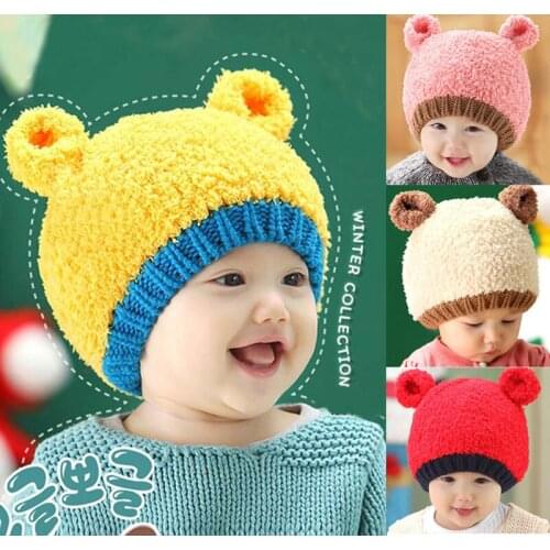 New Baby Kids Boy Winter Baby Kids Cute Bear Plush Lined Wool Alip Over Head Wrap Cap Hat Beans Children Hats Caps Headwear