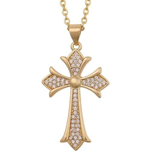 YiJia Gold Color Cubic Zirconia Cross Necklaces for Women Men Hip Hop Style Pendant Street Jewelry