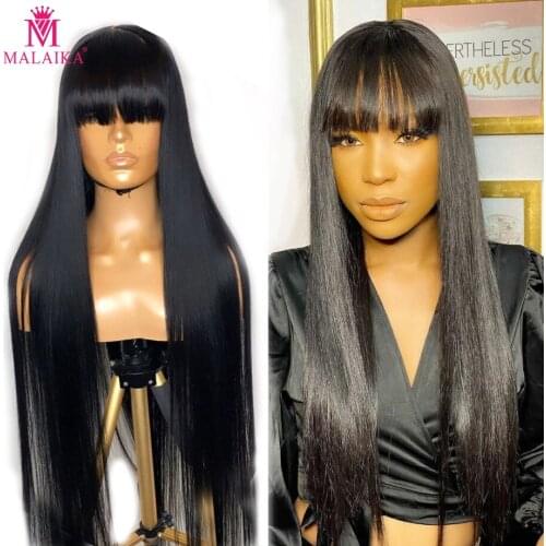 Malaika Bangs Wig No Lace Human Hair Wigs For Black Women Brazilian Straight Black 30 Inch Long Frenge 100% Human Hair Wig