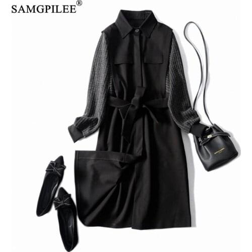 Dresses For Women 2021 Office Lady A-line Patchwork Full Sleeve Sashes Woman Clothing Empire Turn-down Collar Korean Dress 4XL