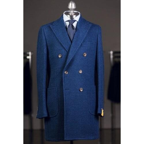 Pure Blue England Style Woolen Overcoat Mens Slim Mid-Length Trench Coat Male Thick Jacket