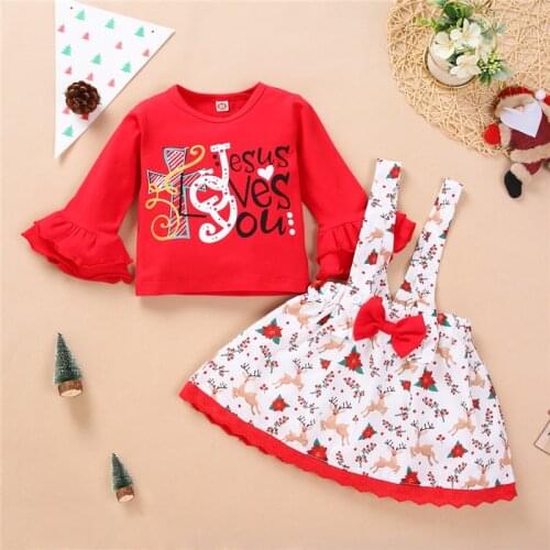 2021 Spring Baby Girl Outfits Flare Sleeve Red T-shirt Suspender Skirt 2pcs Clothes Set Toddler Princess Party Costumes 12m-4y