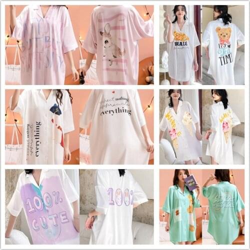 Womens Nightgown Button Down Sleepshirt Slik Satin Sleeve Nightshirt Notch Collar Caut Kawaii Sleepwear Housecoat Duster Robe