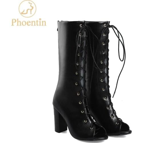 Phoentin black summer boots sandals 2018 NEW cross-tied lace up women mid-calf boots peep toe with zipper super high heels FT364