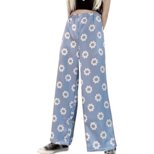 Womens Ins Style Wide Leg Pants Floral Print Elastic Waist Loose Casual Summer Trousers