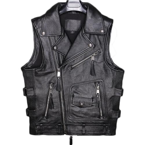 2020 Vintage Brown Men American Style Bikers Vest Plus Size 6XL Genuine Thick Cowhide Autumn Short Motorcycle Leather V