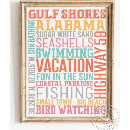 Alabama Vacation Travle Typography Poster, Gulf Shores Beach Letter Layout Art Prints, Fishing Bird Watching Swimming Wall Decor