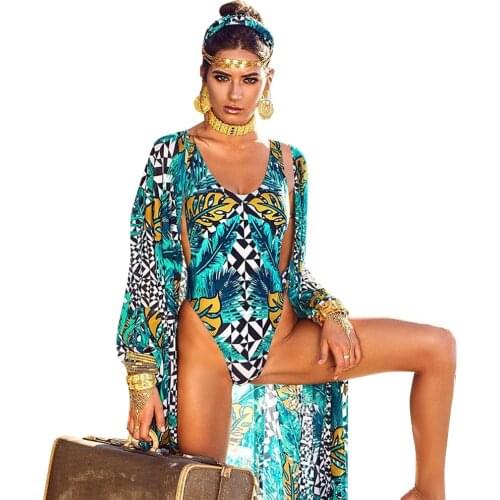 One Piece Bikini + Cover Up 2PCS Set Swimsuit Women Flower Print Swim Bathing Suit Swimwear Beach Wear Plus Size