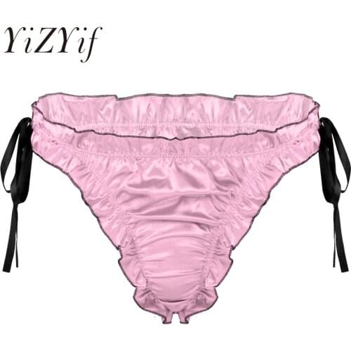 Sexy Gay Mens Erotic Lingerie Sissy Underwear Ruffles Satin Bulge Pouch Briefs Panties Breathable Lace-up Pleated Trim Underpan