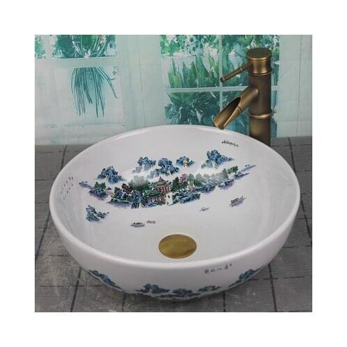 Bathroom Artistic Ceramic Vessel Sink Bowl Faucet & Pop-up Drain Combo AB224