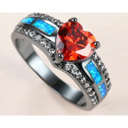 Dainty Female Red Heart Crystal Ring Charm 14KT Black Gold Big Wedding Rings For Women Luxury Bride Blue Opal Engagement Ring