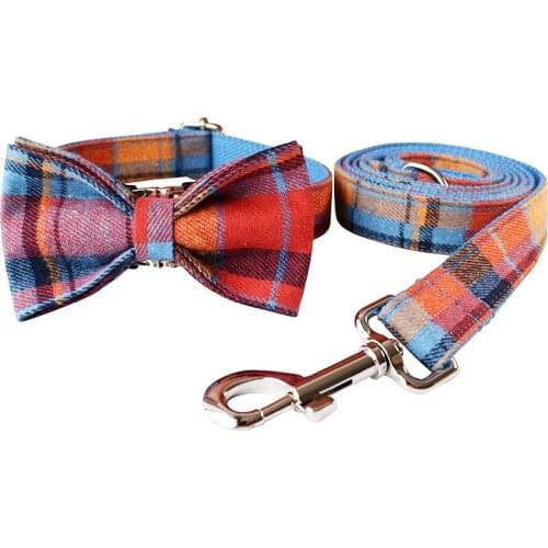 Suit Plaid Dog Collar Personalized Thicken Soft Padded Pet Collar with Leash Set Vintage Stylish Bow Tie Dog Collar Walking Lead